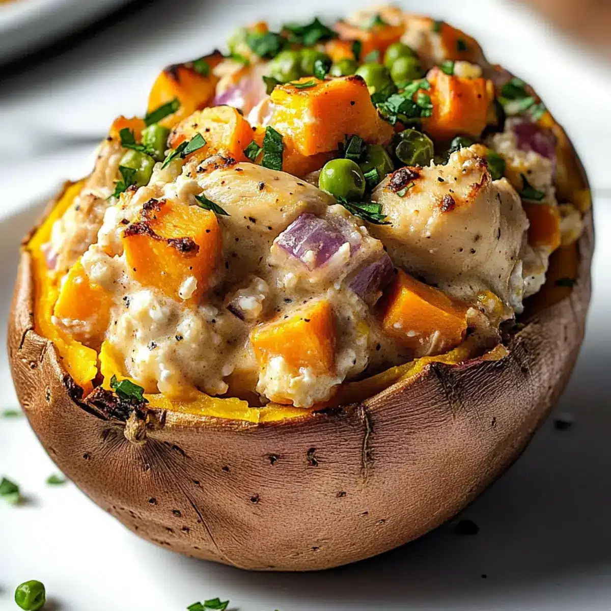 Chicken Pot Pie Stuffed Sweet Potatoes