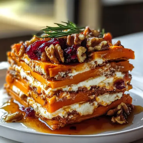 Layered Sweet Potato Lasagna with Feta and Cranberry Glaze
