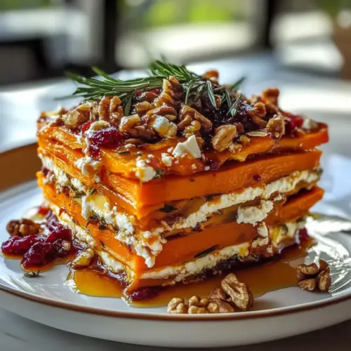 Layered Sweet Potato Lasagna with Feta and Cranberry Glaze