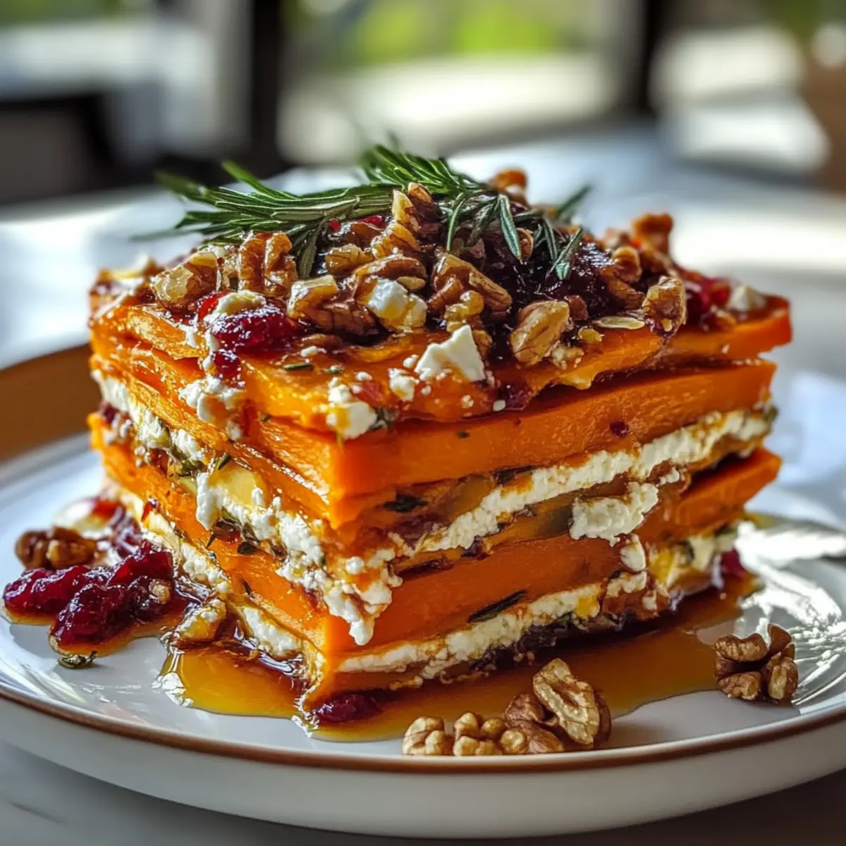 Layered Sweet Potato Lasagna with Feta and Cranberry Glaze