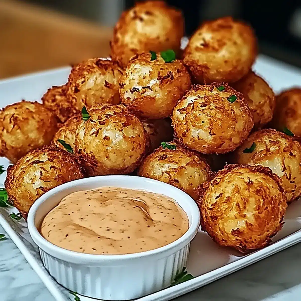 Crispy Deep Fried Onion Balls with Cajun Ranch Sauce