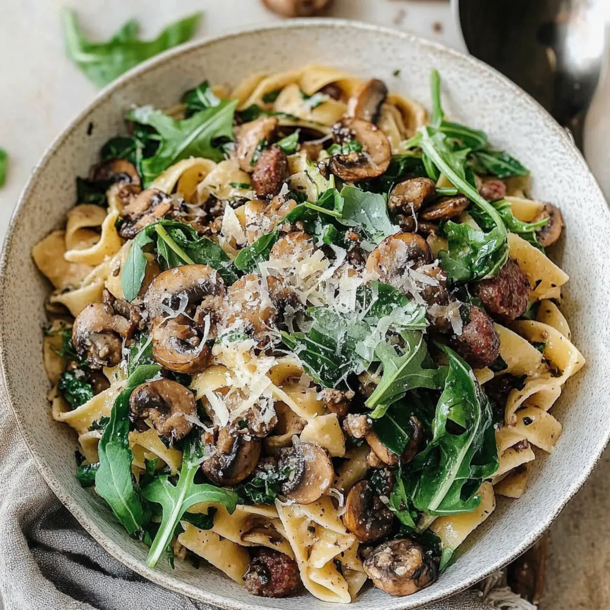 Garlicky Mushroom Pasta with Sausage & Arugula